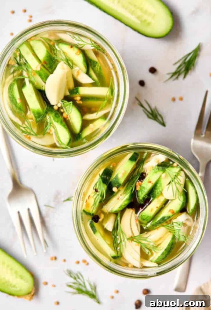 Overhead shot of freshly prepared Refrigerator Pickles in a jar, showcasing vibrant green cucumbers and dill