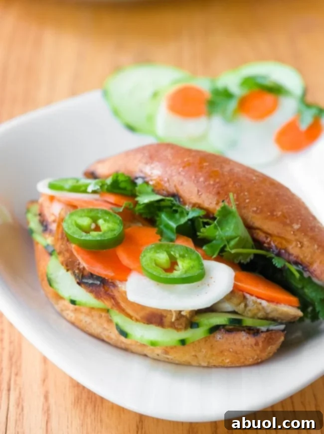 Banh Mi sandwich recipe - close up on plate with fresh vegetables