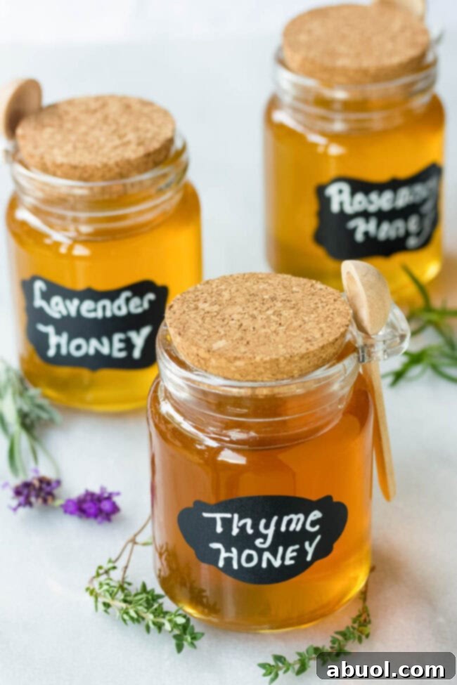 A colorful array of small honey jars, each filled with different flavors of spiced honey, like rosemary, thyme, and lavender, showcasing the endless infusion possibilities.