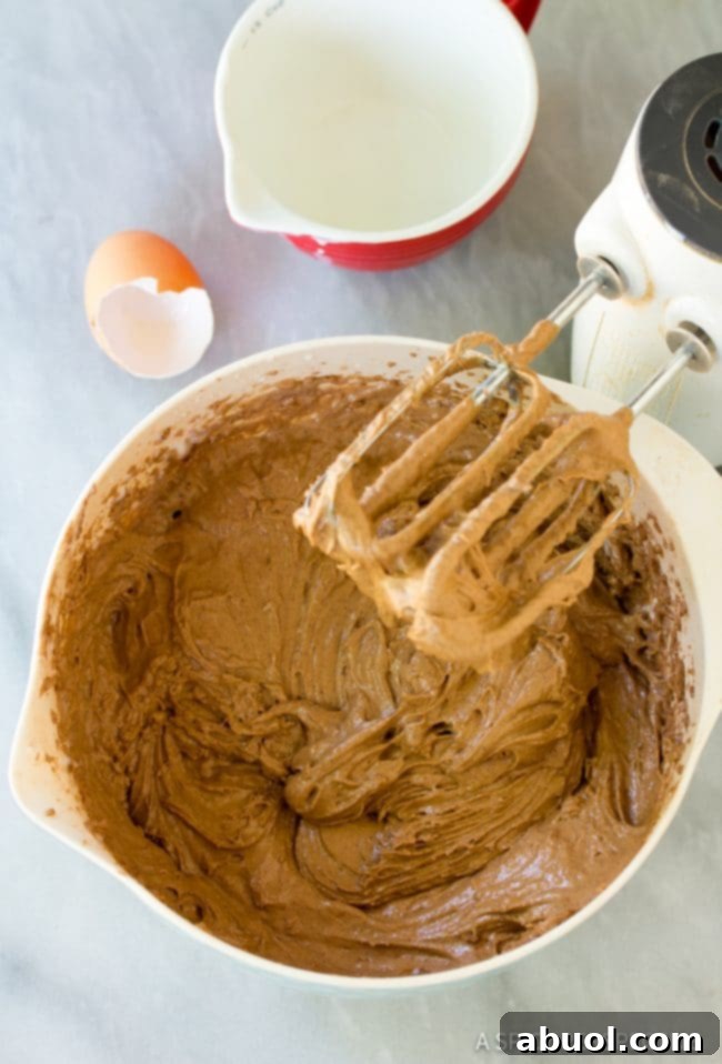 Preparing the chocolate cake batter for Chocoflan Impossible Cake, showing ingredients being mixed.