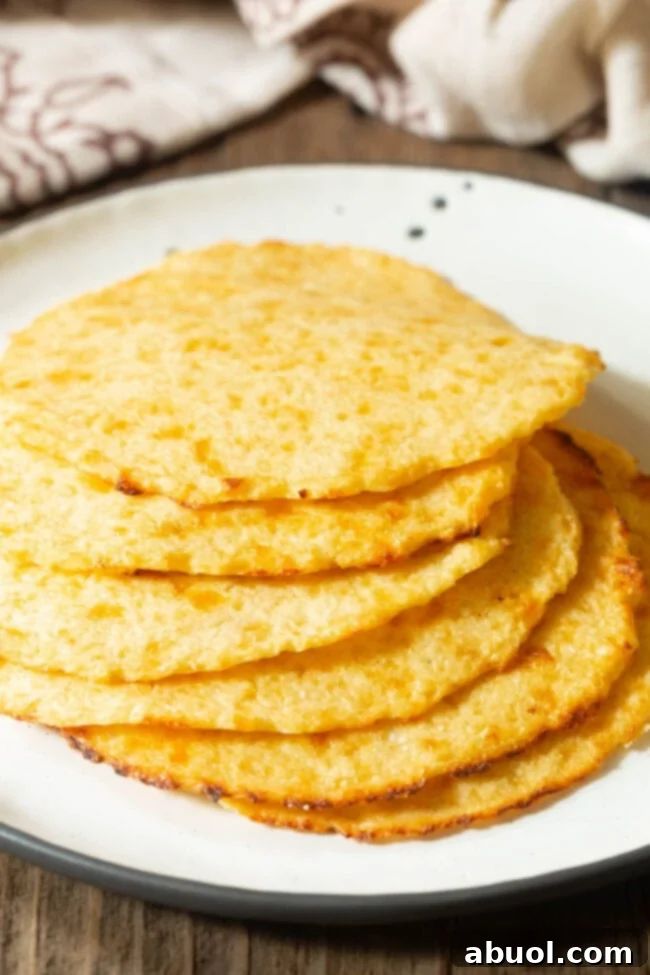 A neat stack of golden-brown keto cauliflower tortillas sits on a white plate, ready to be filled and enjoyed.