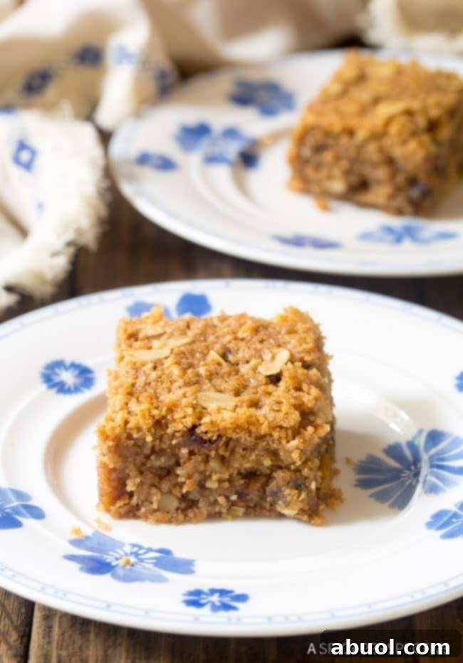A single slice of the breakfast oatmeal bar recipe on a small white plate, showing the visible texture with nuts and dates embedded.
