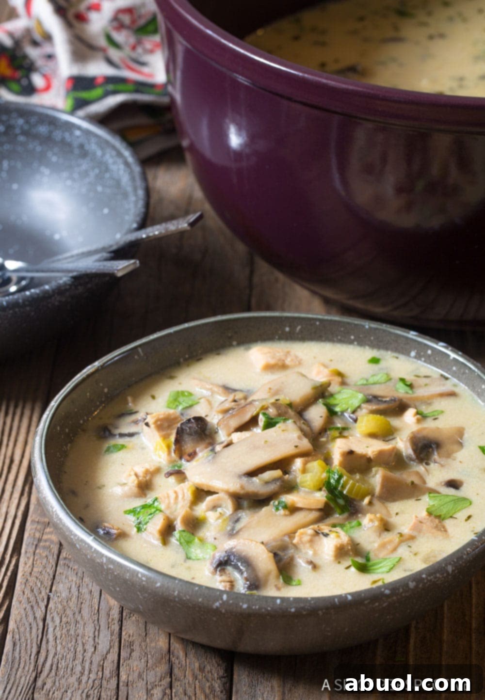 Two bowls of low carb mushroom soup with chicken, ready to be served.
