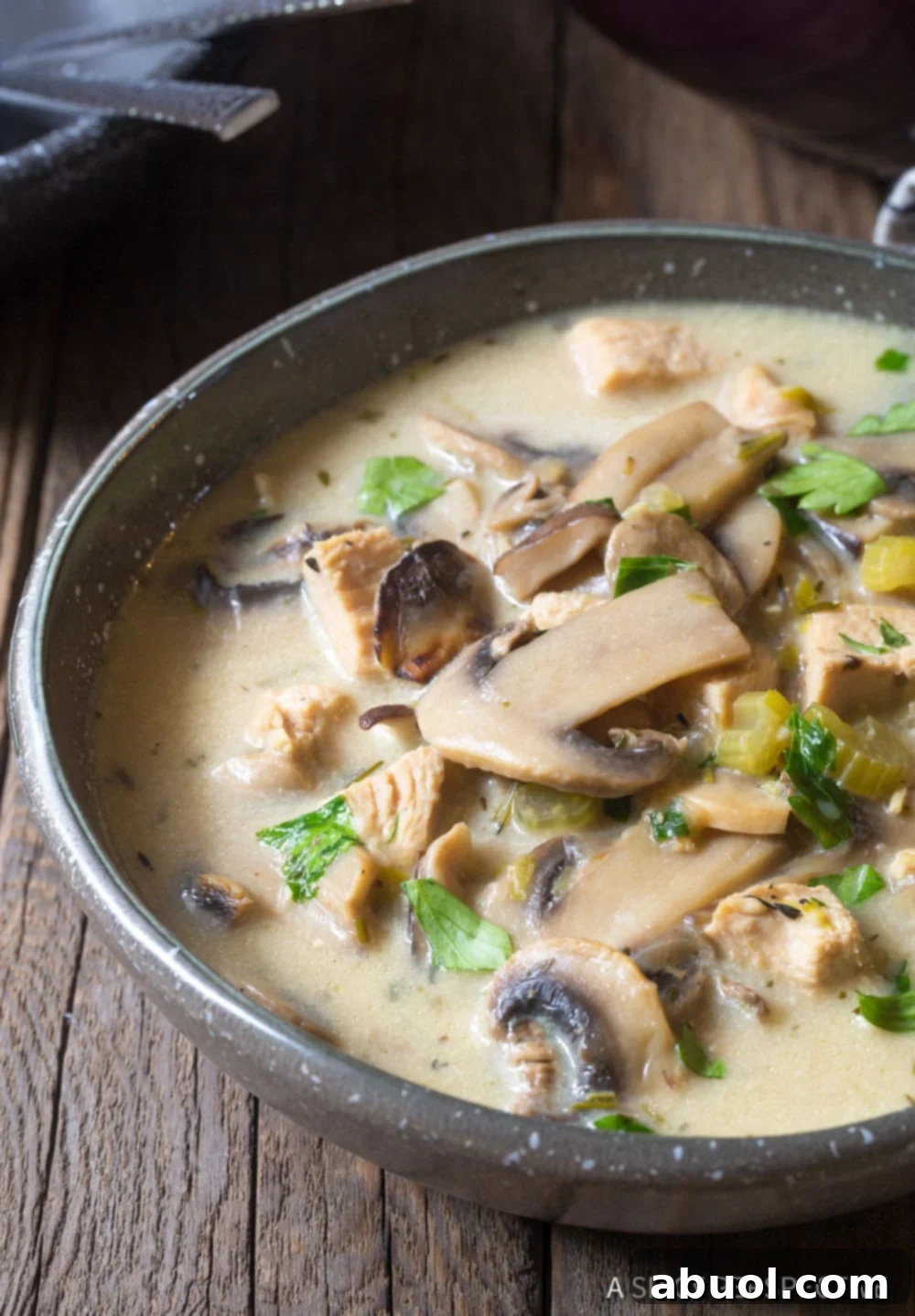 Creamy chicken soup with mushrooms, a perfect ketogenic comfort food.