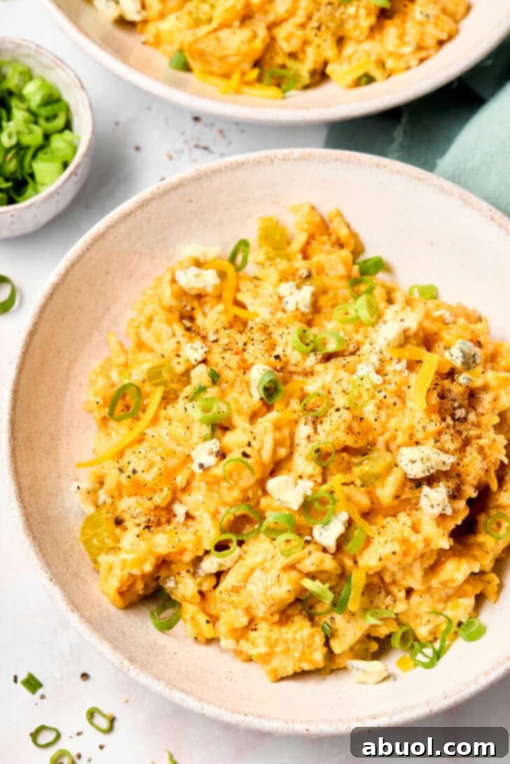 Buffalo Chicken Rice Recipe in ceramic dishes with garnishes