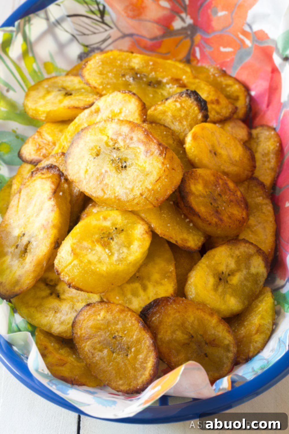 A vibrant presentation of crispy baked plantains served elegantly in a woven basket, suggesting a delightful snack or side dish experience.