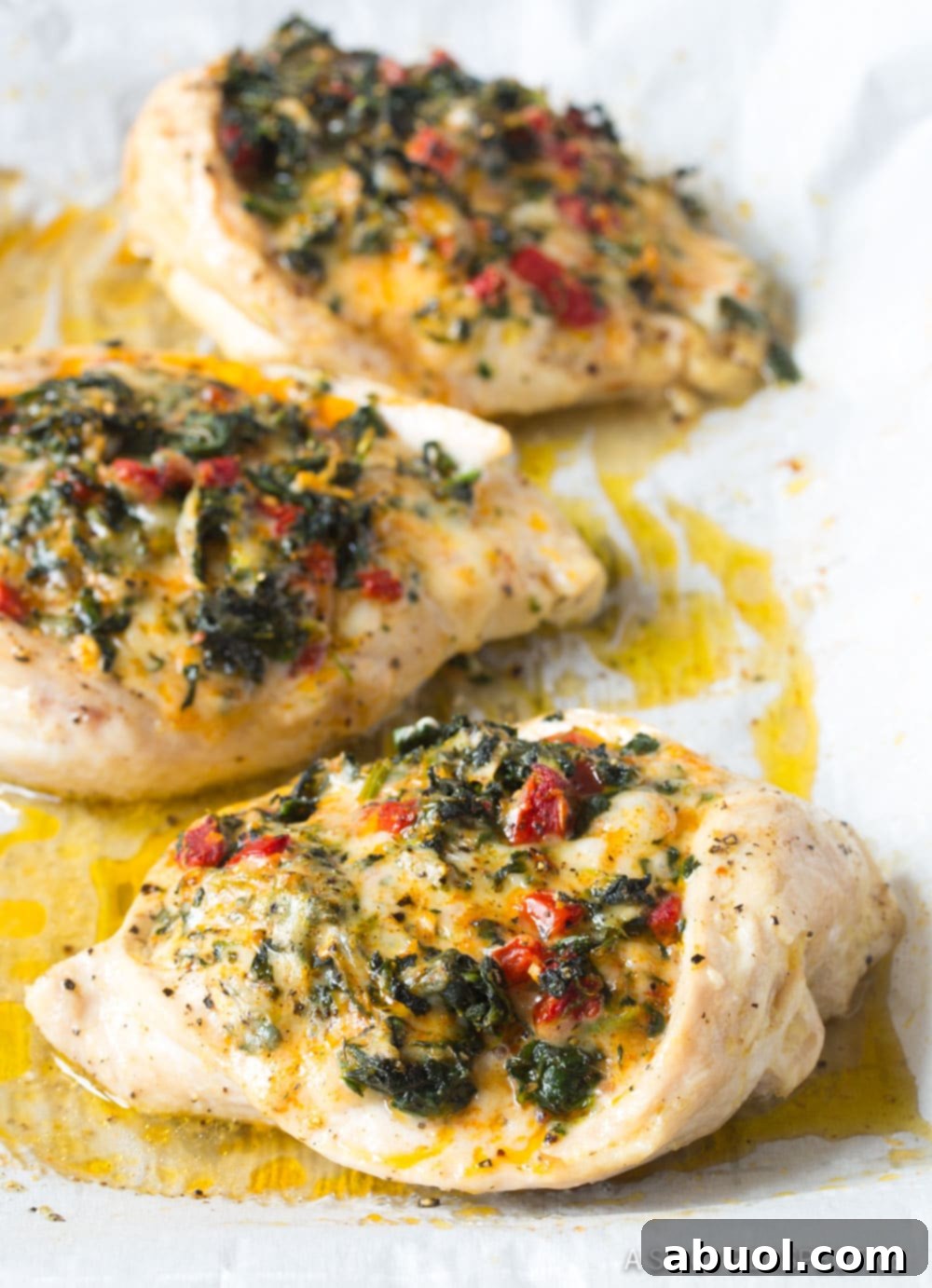 Spinach stuffed chicken breast on a parchment paper lined baking dish after being baked. 
