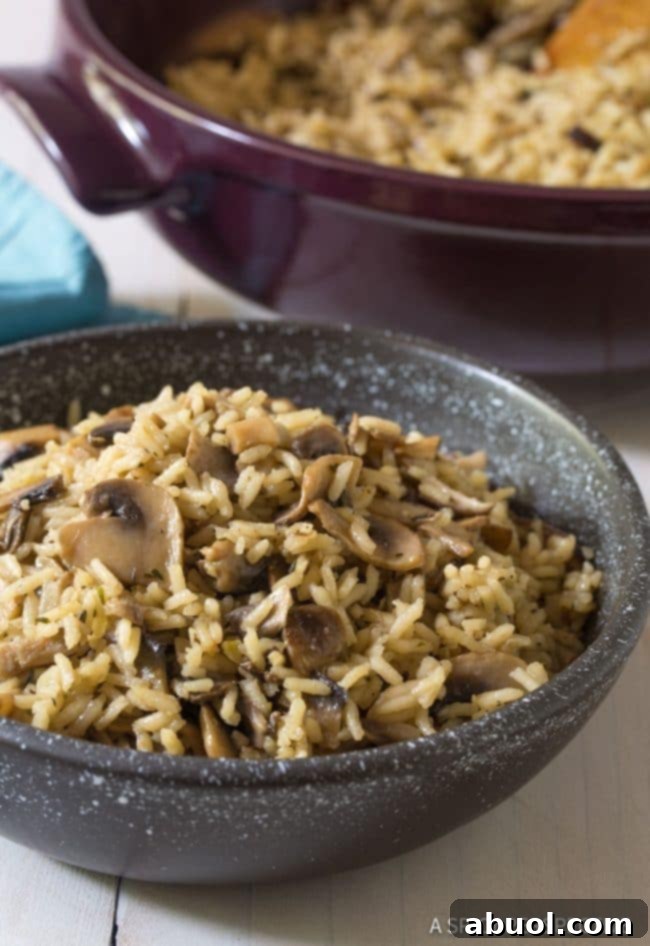 A close-up view of the succulent Mushroom Rice Pilaf, highlighting the individual grains of rice and tender mushroom slices, ready to be served.