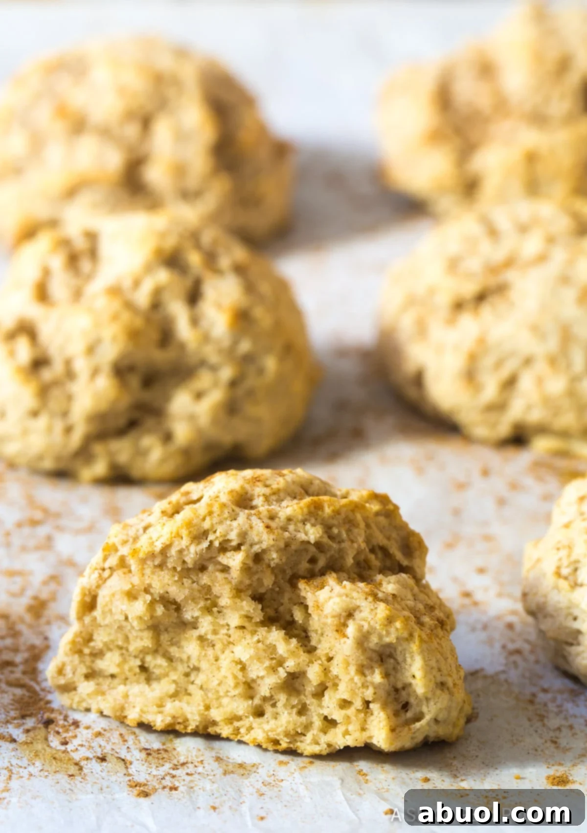 Close-up of freshly baked cinnamon drop biscuits, showing their beautiful golden edges and soft texture