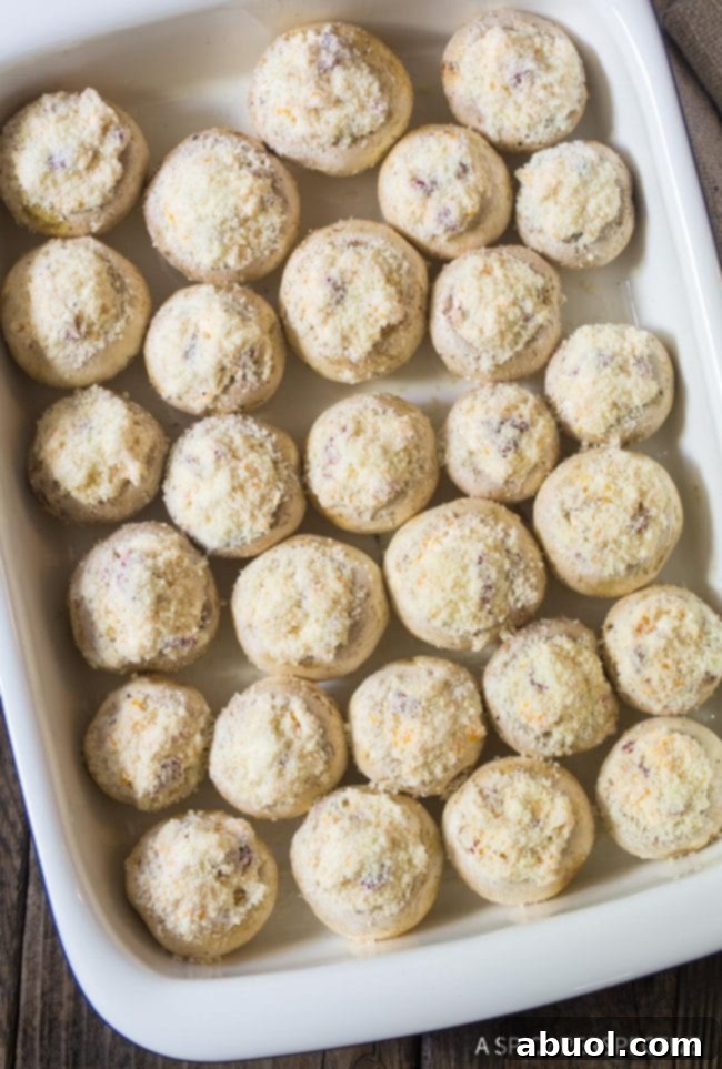 Creamy Dreamy Mushrooms 6 Cheese Stuffed Mushrooms Recipe - in baking dish before baking