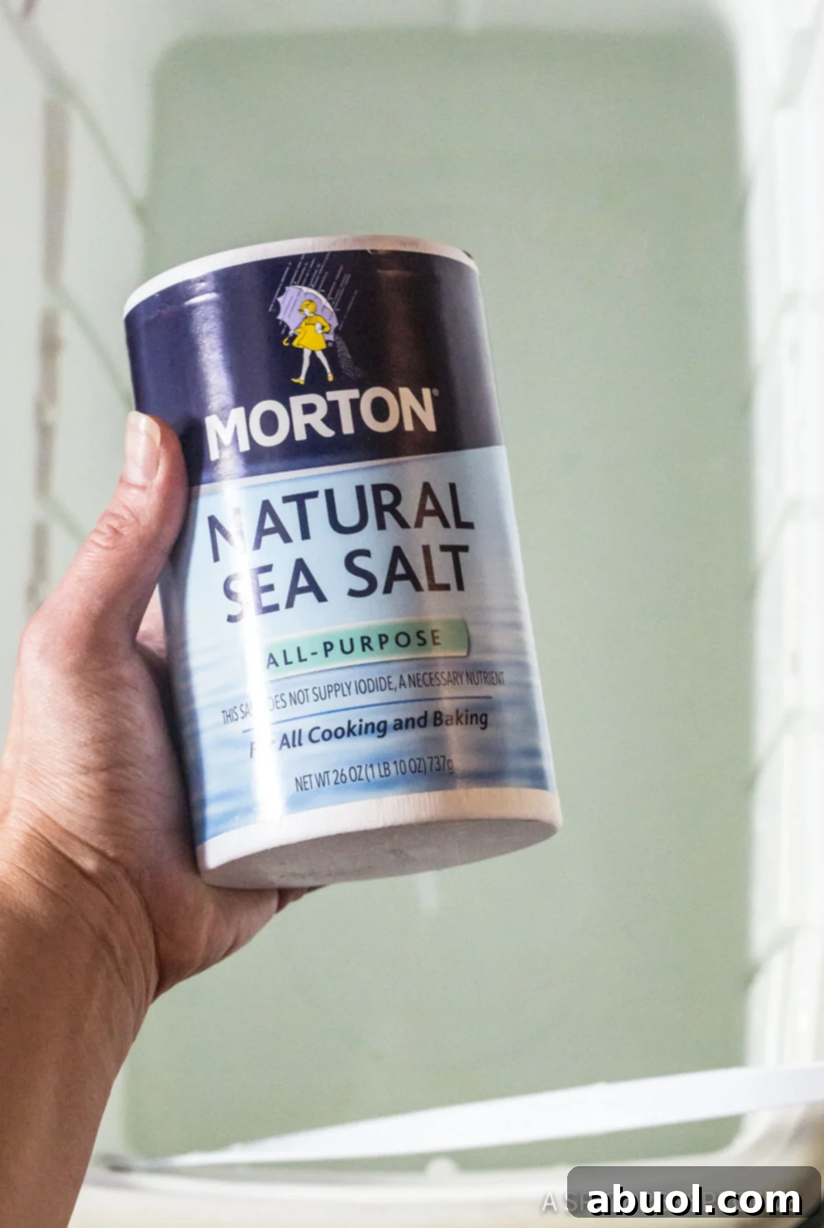 A hand holding a container of natural sea salt, ready to be added to the Turkey Brine Recipe, emphasizing the quality ingredients.