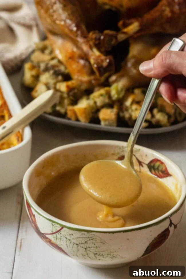 The Ultimate Turkey Gravy 2 Best Turkey Gravy in a classic gravy boat, ready to serve with a ladle.