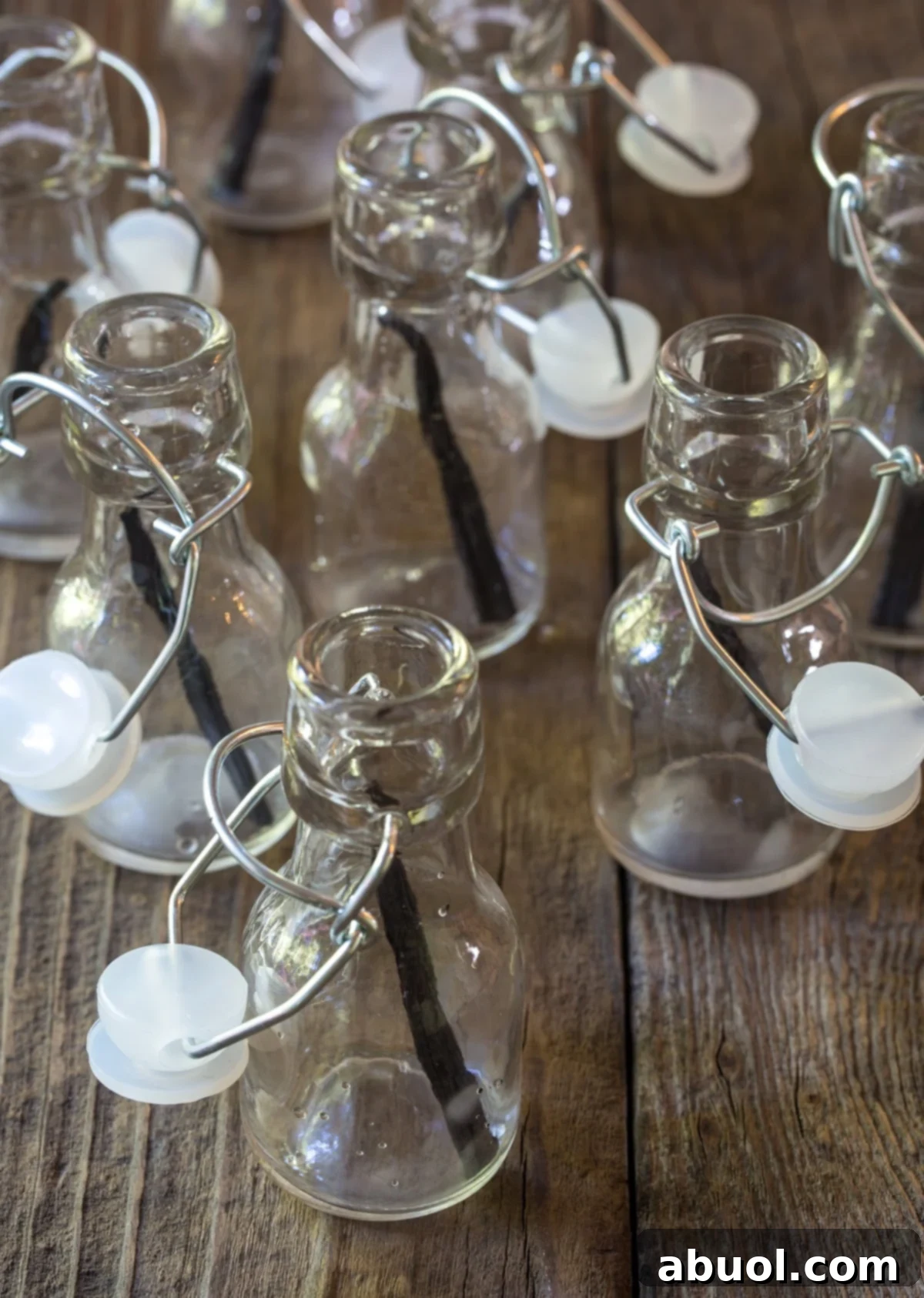Small jars each with a vanilla bean pod inside of them. 