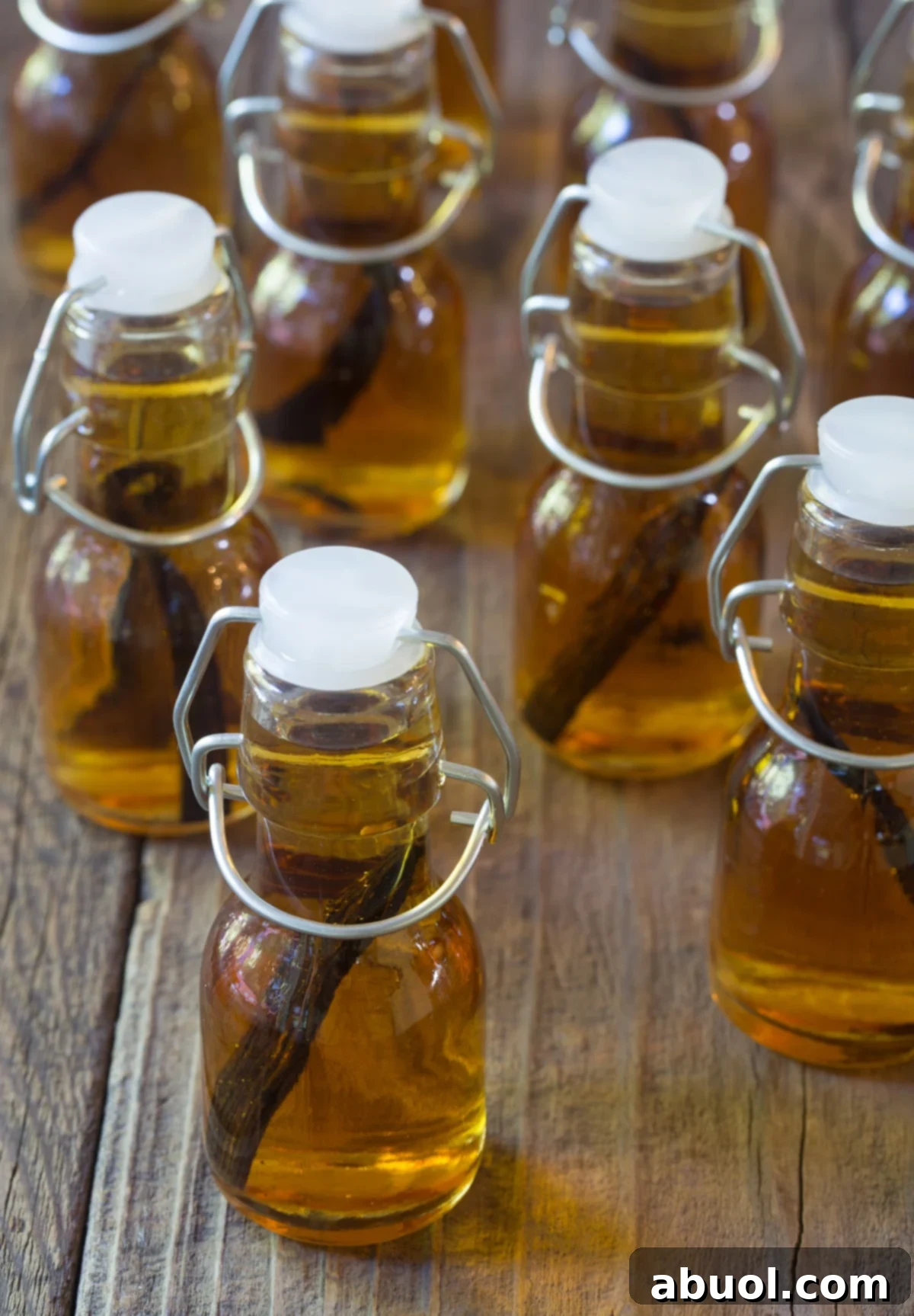 Small bottles of homemade bourbon vanilla extract. 