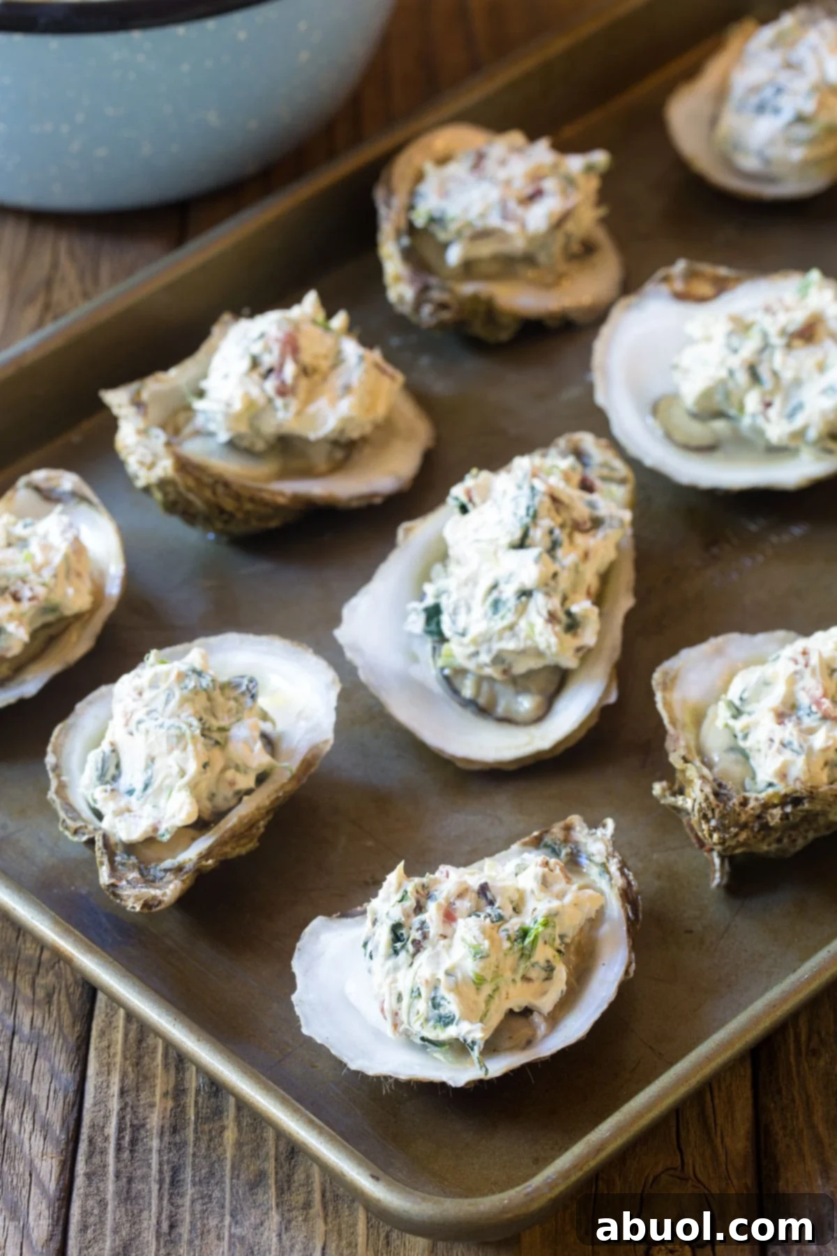 A tray of beautifully baked oysters, each topped with a golden, melted three-cheese and bacon mixture, fresh from the oven.