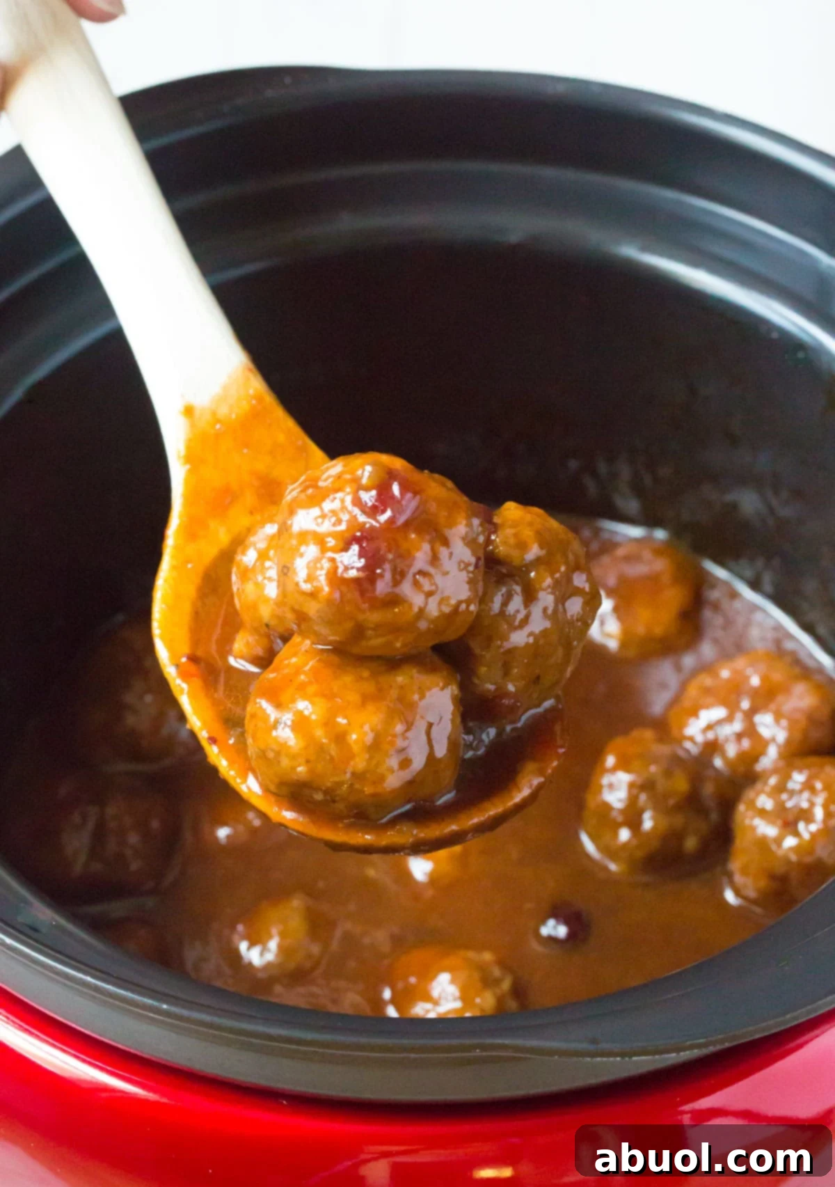 Last and final look at this slow cooker recipe with the meat and sauce on a wooden spoon
