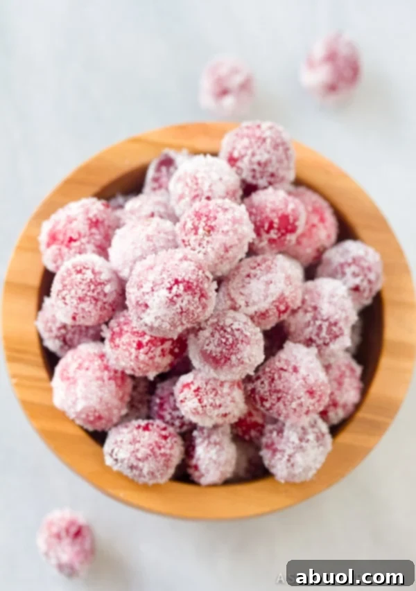 Overhead shot of freshly sugared cranberries with a glistening sugar crust, ready to dry.