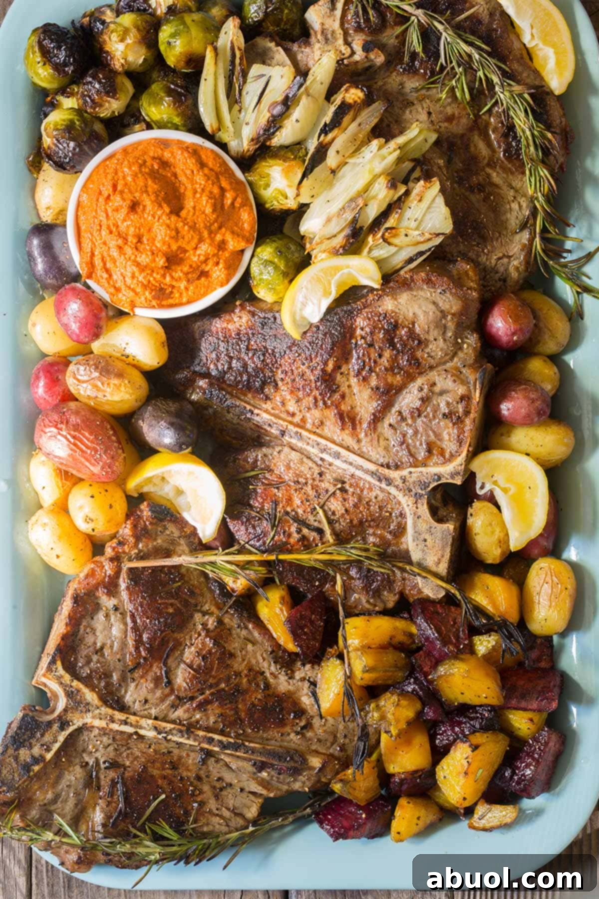 Bistecca alla Fiorentina Recipe overhead shot on platter with herbs