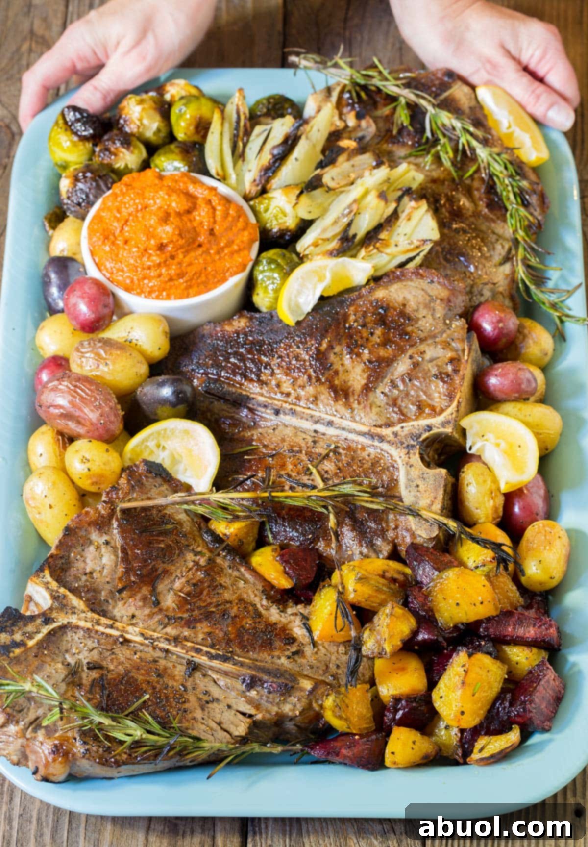 Tuscan Bistecca alla Fiorentina on holiday platter - Florentine Steak Recipe with potatoes