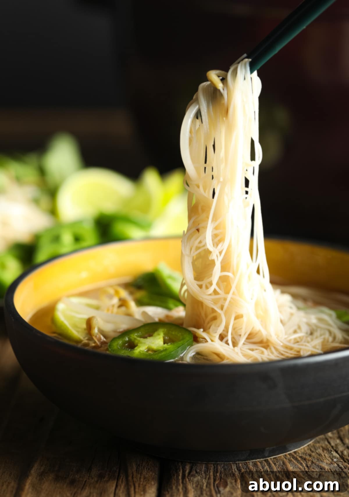 A steaming bowl of homemade low carb Vietnamese Pho soup with tender beef slices and an abundance of shirataki noodles, ready to be garnished with fresh herbs and lime.