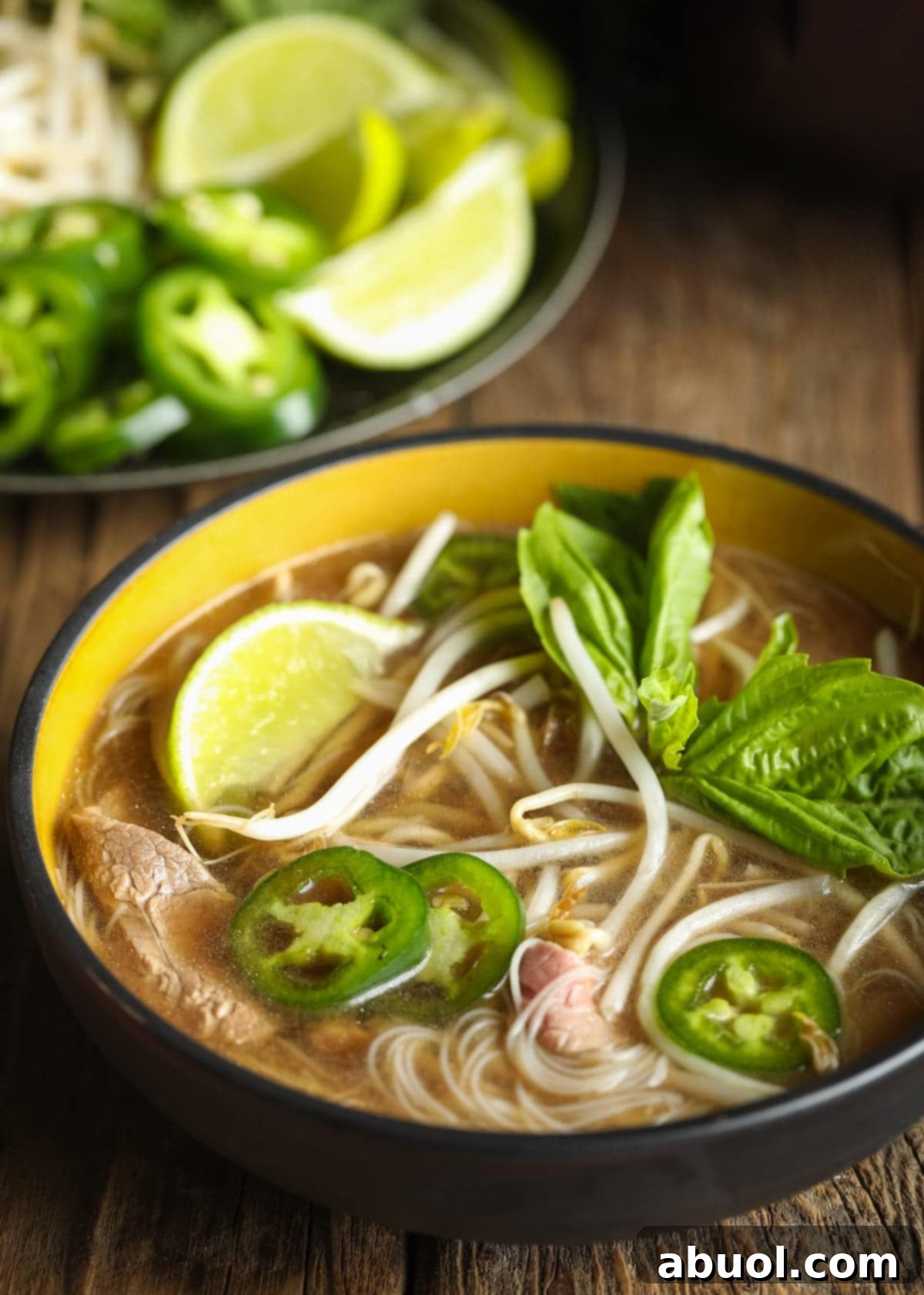 A close-up shot of shirataki noodles being lifted from a bowl of pho soup with chopsticks, showcasing their translucent and delicate texture.
