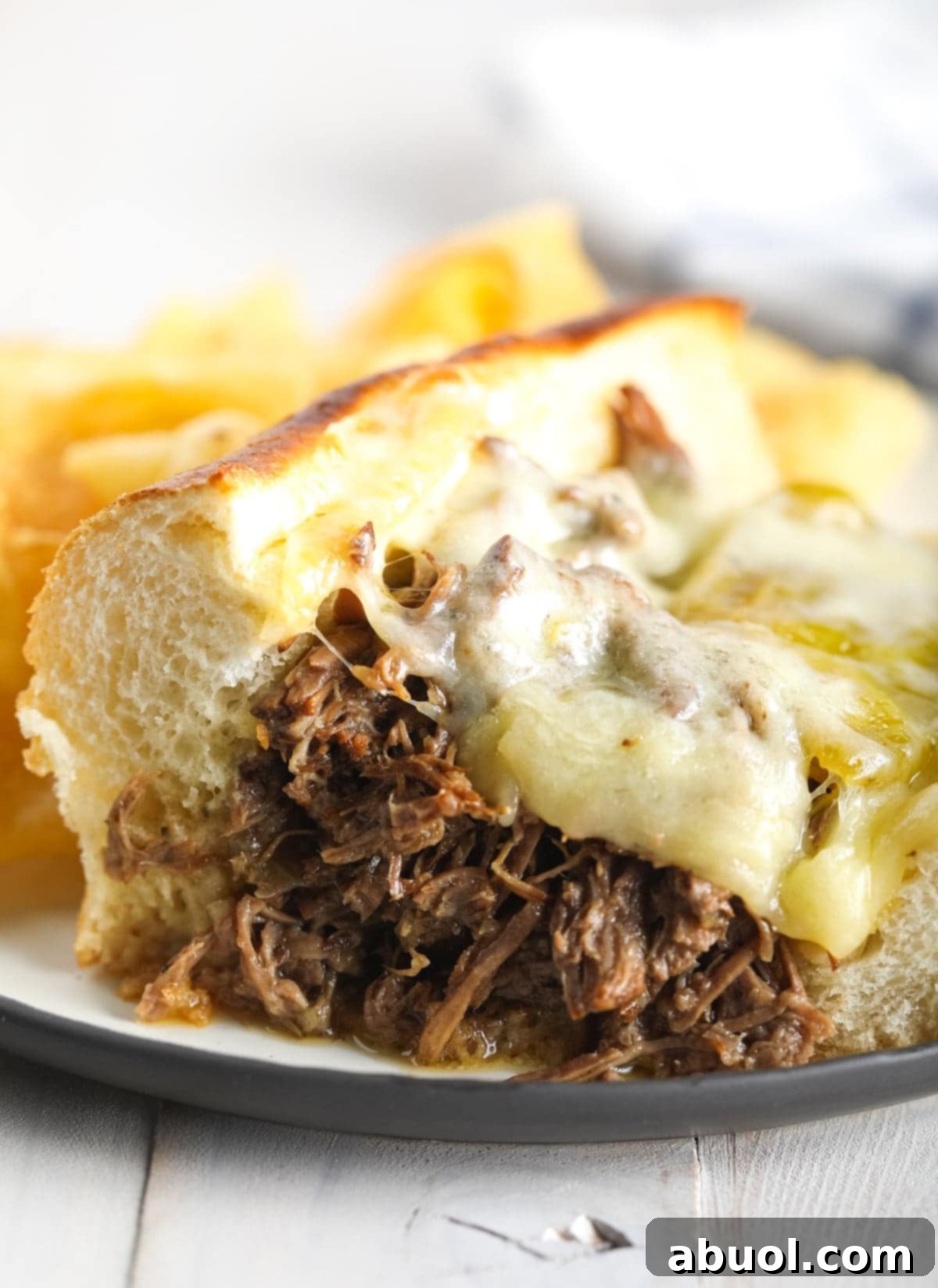 Shredded Italian beef sandwich with melted cheese on top, served on a plate. 