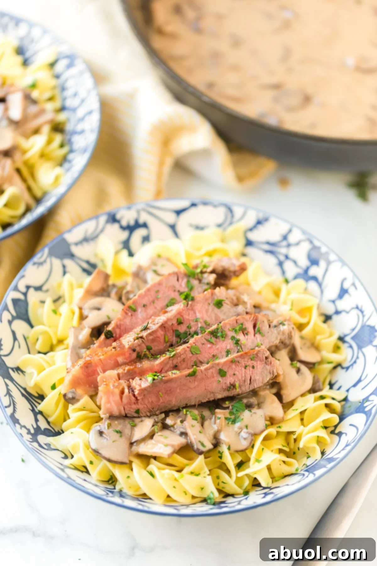 Quick Creamy Beef Stroganoff and Buttered Noodles 2 Simple Beef Stroganoff Recipe with Butter Noodles, showing a full serving plate ready to eat.