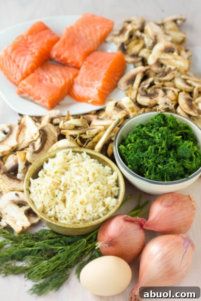 Gourmet Salmon En Croute 4 Ingredients needed for Salmon Wellington including salmon, puff pastry, mushrooms, and spinach