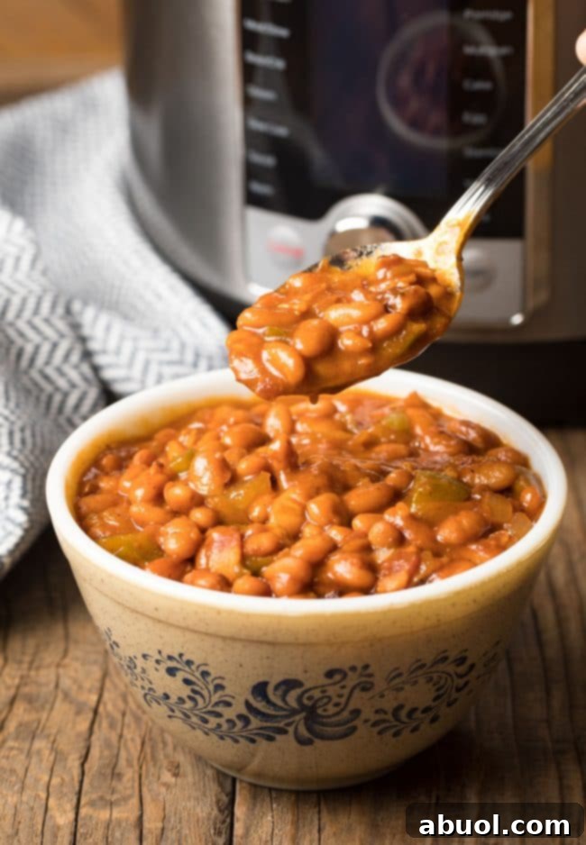 Closeup of bowl of baked beans with a spoonful of beans. 