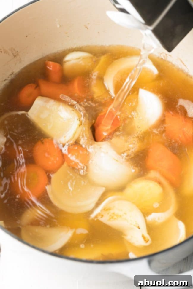 Water being poured into the pot over the veggies.