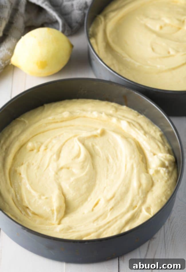 Lemon Cake batter in a cake pan.