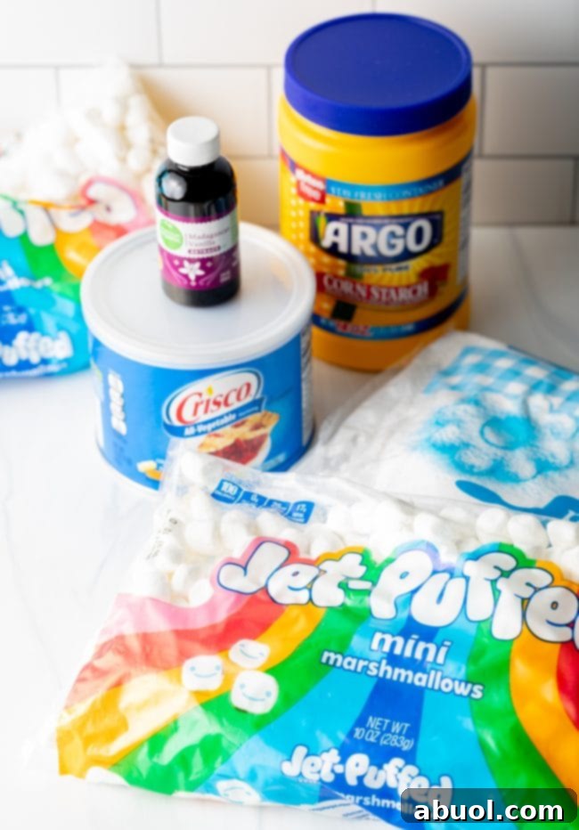 Homemade Fondant Magic 5 Ingredients for homemade fondant laid out on a clean countertop, including marshmallows, powdered sugar, shortening, and water.