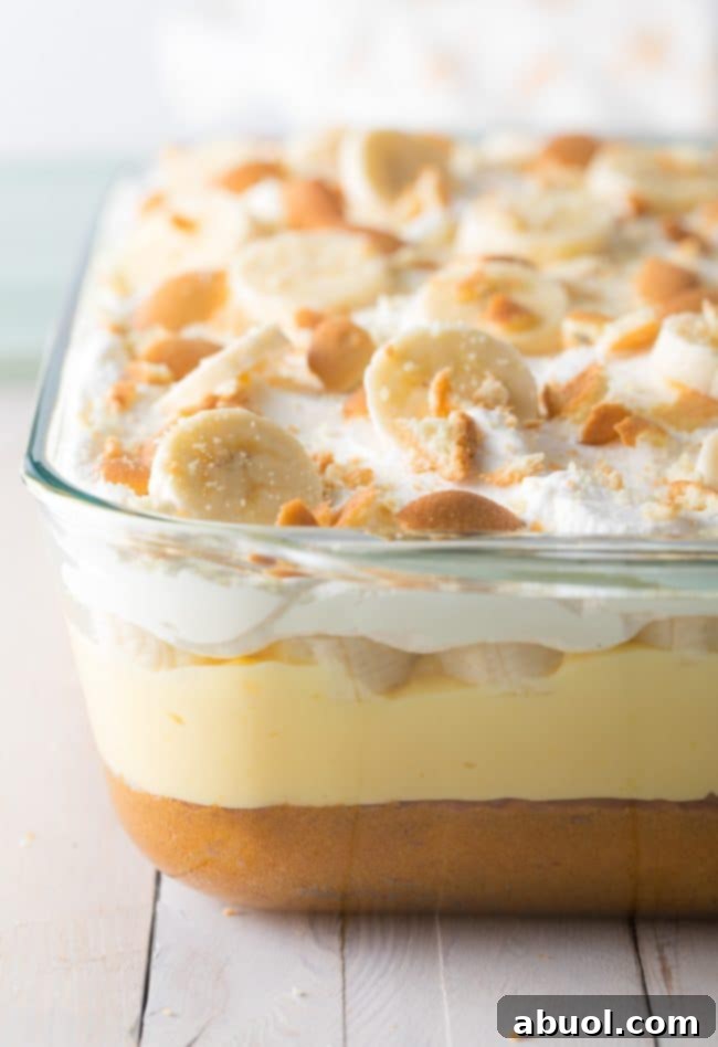 Decadent Banana Pudding Cake 2 Banana pudding cake in a clear baking dish with layers showing on the side.