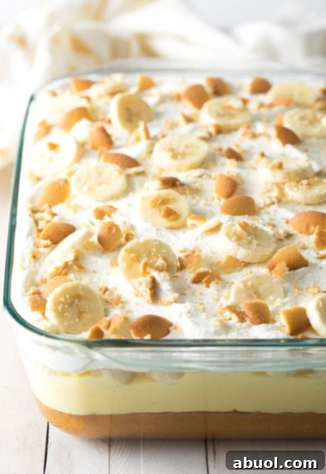 Decadent Banana Pudding Cake 11 Banana pudding layer cake with whipped cream and fresh bananas on top.