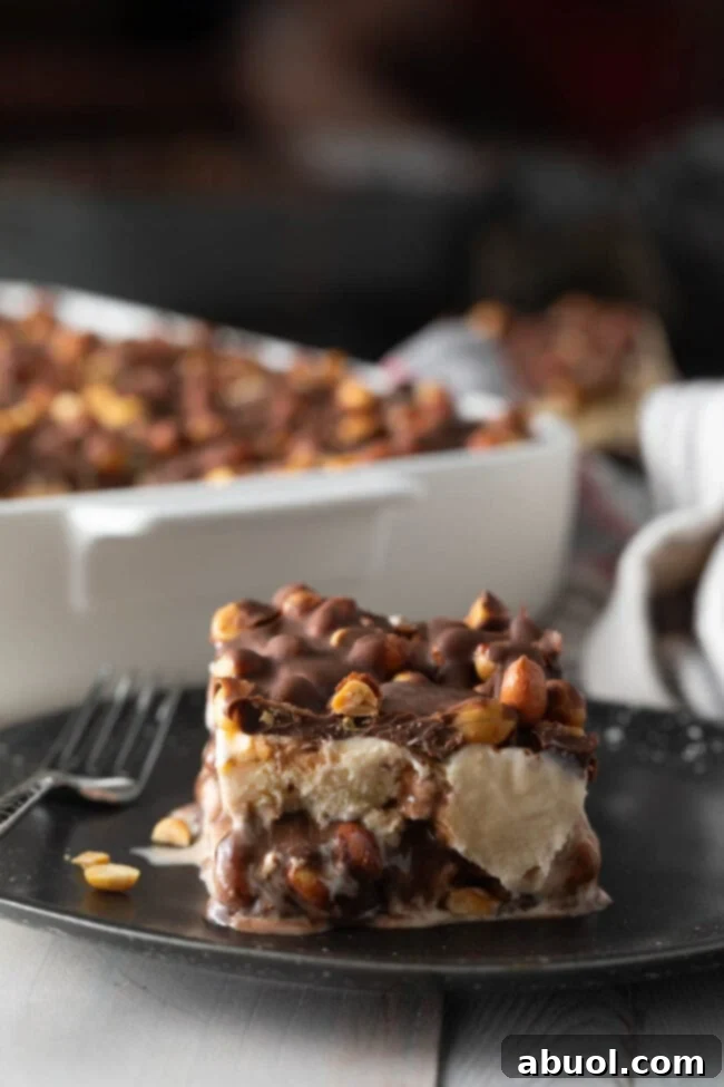 A delicious slice of buster bar ice cream cake, elegantly served on a sleek black plate, showcasing its distinct layers. 