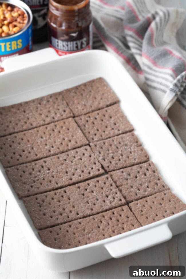 First layer of chocolate graham crackers meticulously placed in a white baking dish, forming the cake's base. 