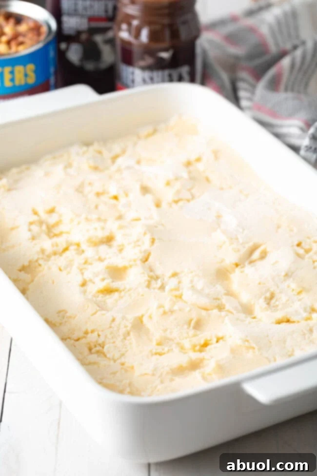 Spreading the first luscious layer of vanilla ice cream smoothly over the chocolate graham crackers.