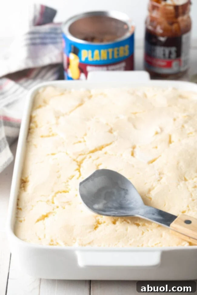 Adding the second generous layer of vanilla ice cream, carefully sealing in the fudge and peanuts below.