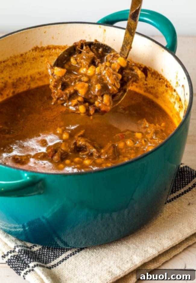 Authentic-Posole-Soup-Recipe Pot full of pozole rojo that has just finished cooking