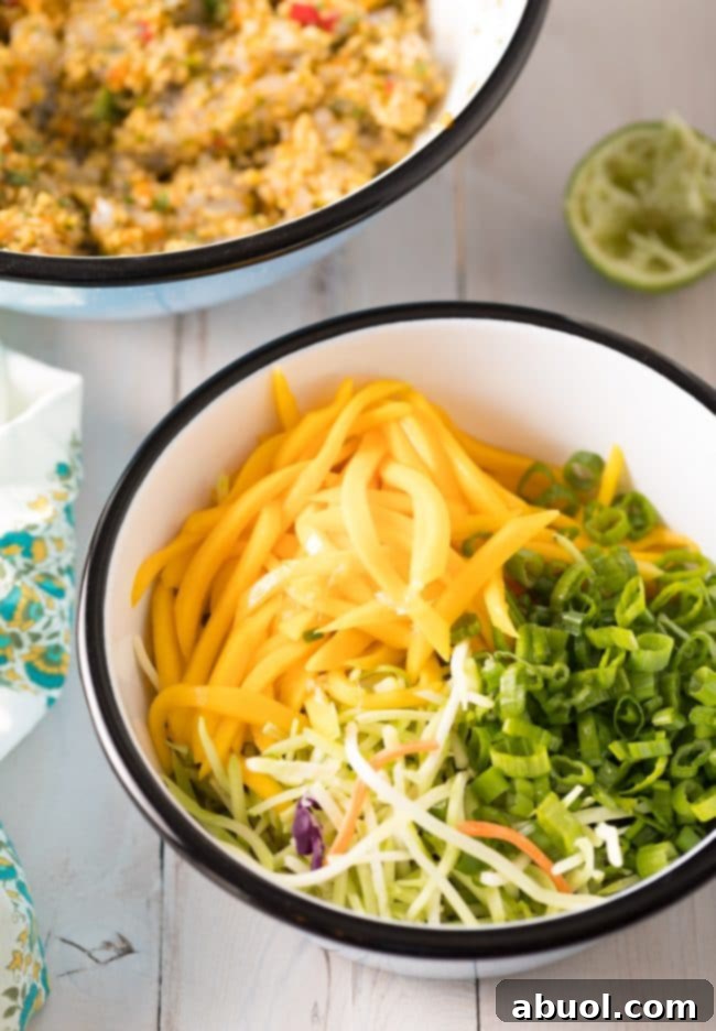 Gourmet Shrimp Burgers 10 The process of preparing the refreshing mango slaw, a perfect topping for shrimp burgers.