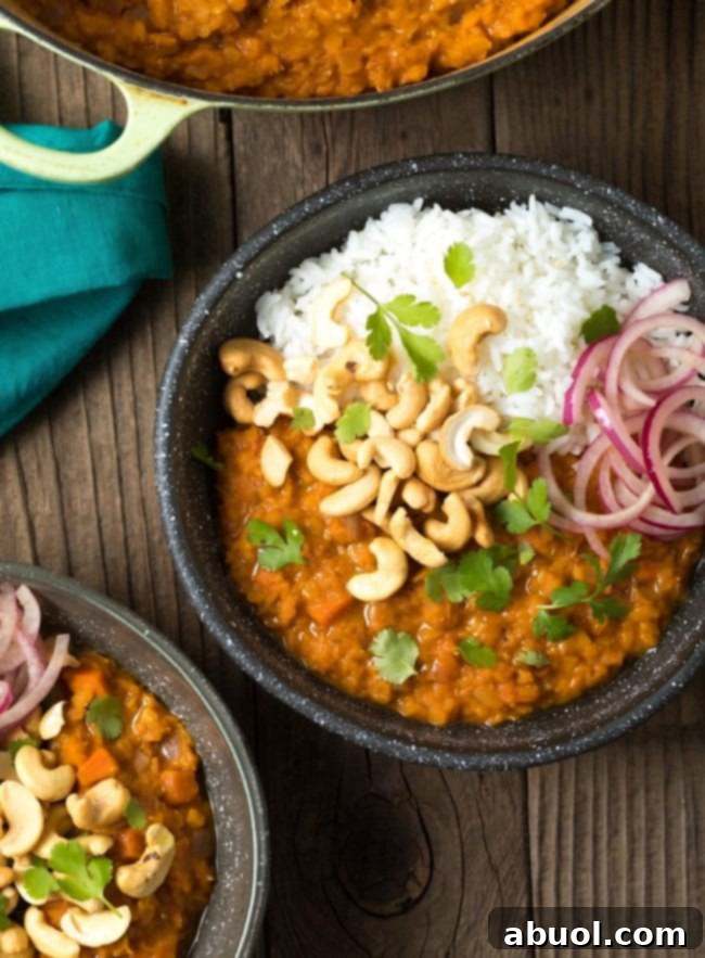 Top down view bowl of red lentil curry with white rice, all topped with whole raw cashews, red onion slices, and fresh chopped cilantro.