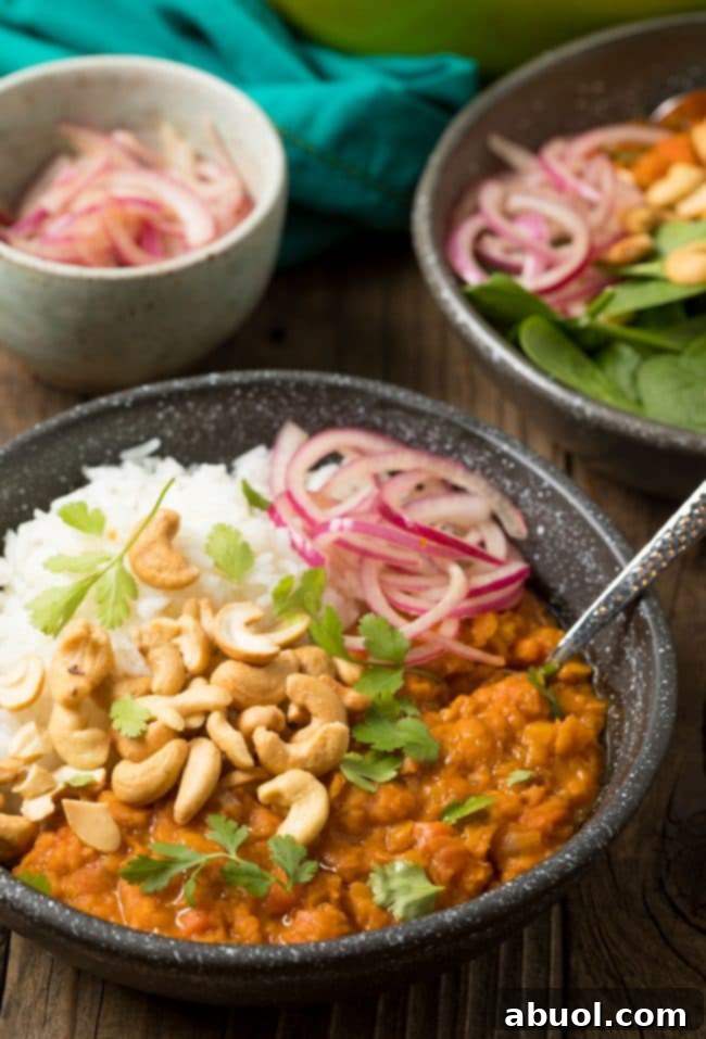 Bowl of curried red lentils with white rice, all topped with whole raw cashews, red onion slices, and fresh chopped cilantro.