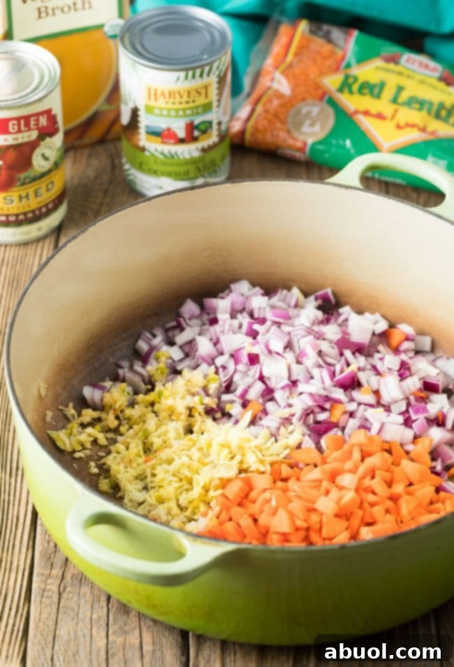 Large cooking pot filled with chopped red onion, chopped carrots and garlic.