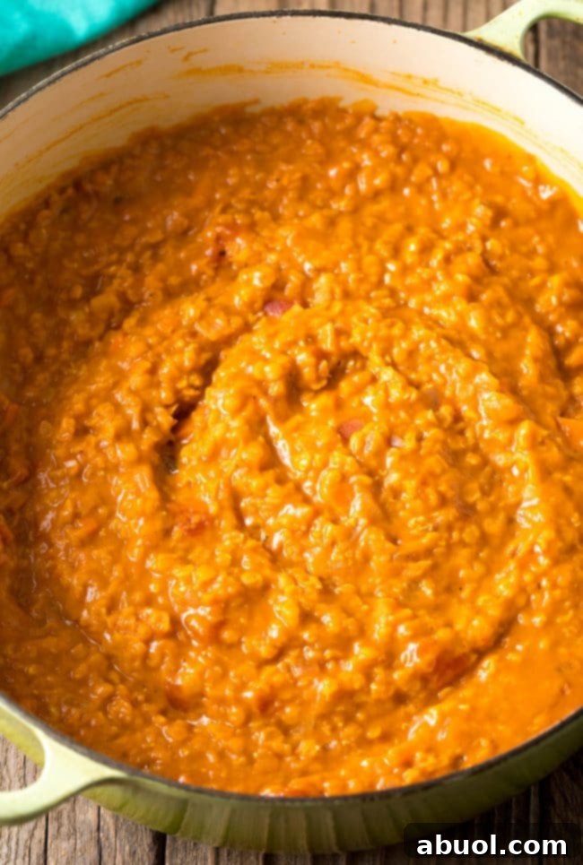 Pot of vegan and gluten free red lentil curry.