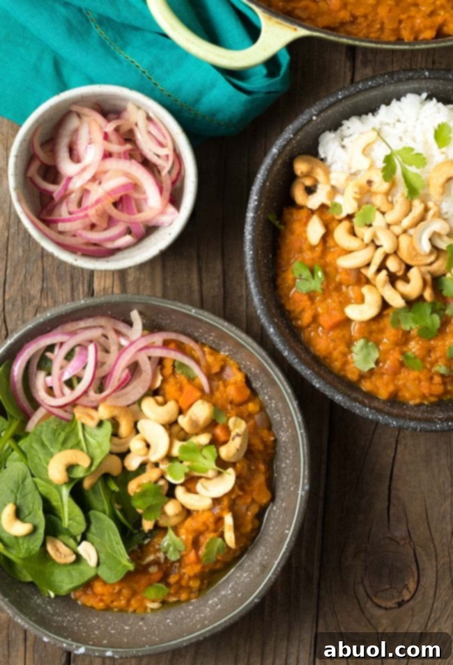 Top down view bowl of red lentil curry with white rice, all topped with whole raw cashews, red onion slices, and fresh chopped cilantro.