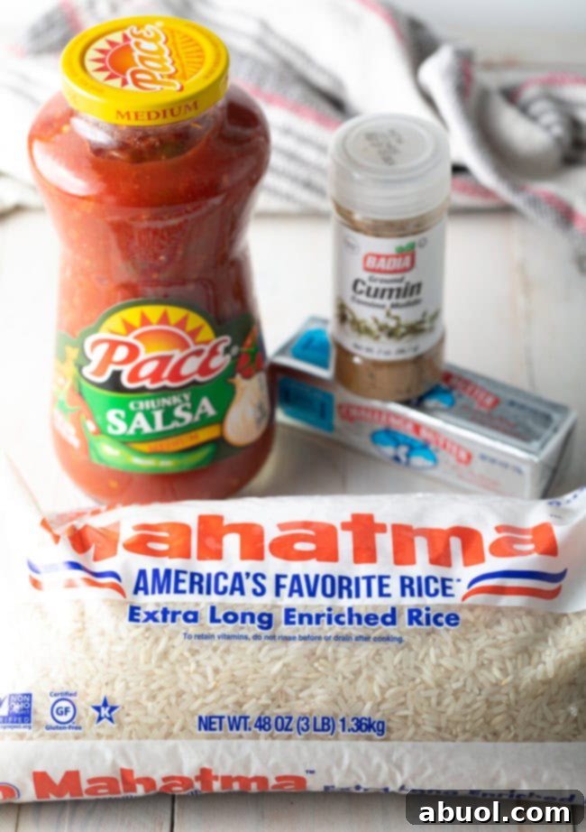 The four simple ingredients for Easy Spanish Rice: long-grain white rice, a jar of chunky salsa, a stick of butter, and ground cumin, laid out on a kitchen counter.