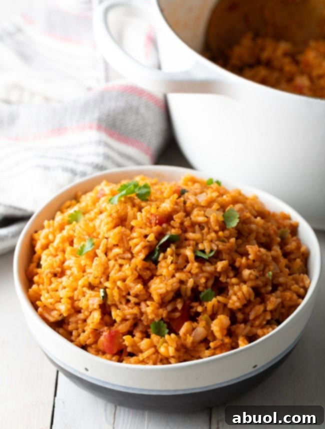 A large serving bowl overflowing with vibrant Mexican rice, perfectly fluffy and ready for a family meal.
