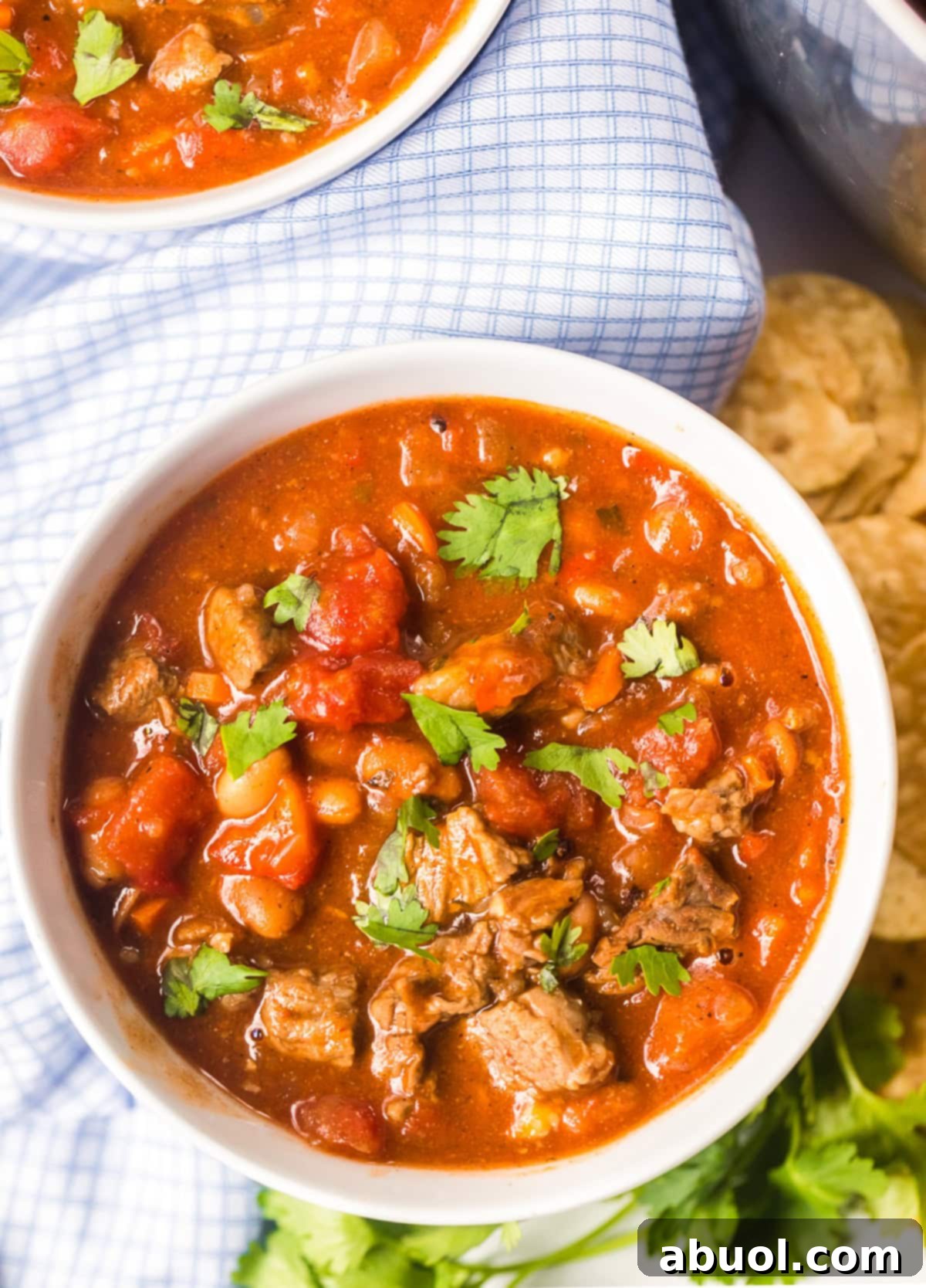 Overhead shot of a delicious Chili Recipe with Beer, garnished with vibrant cilantro in a white bowl.