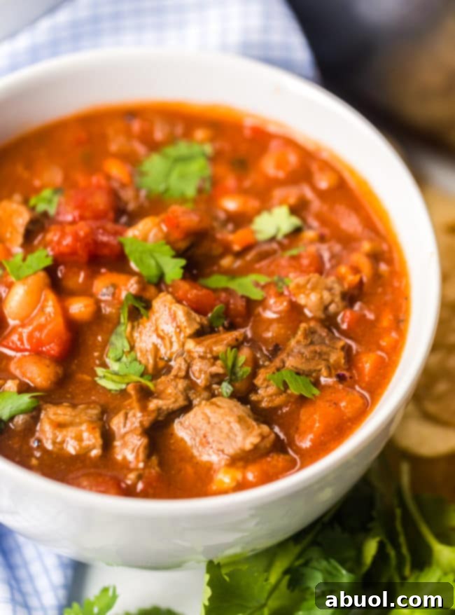 A generous bowl of savory steak chili with beans, presented in a clean white bowl.
