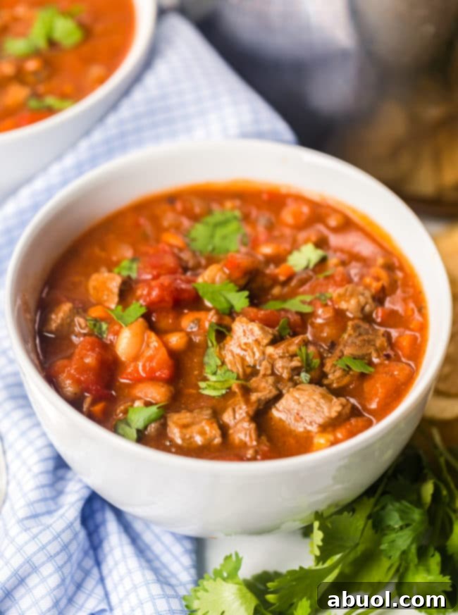 A perfectly portioned serving of steak chili with beer and sausage, garnished with fresh cilantro in a white bowl.